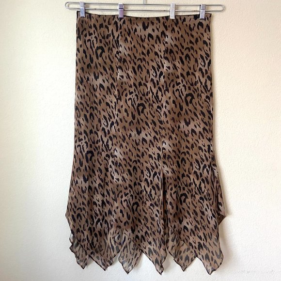 Chico's Silk Boho Leopard Animal Print Handkerchief Hemline Midi Skirt - Picture 4 of 9